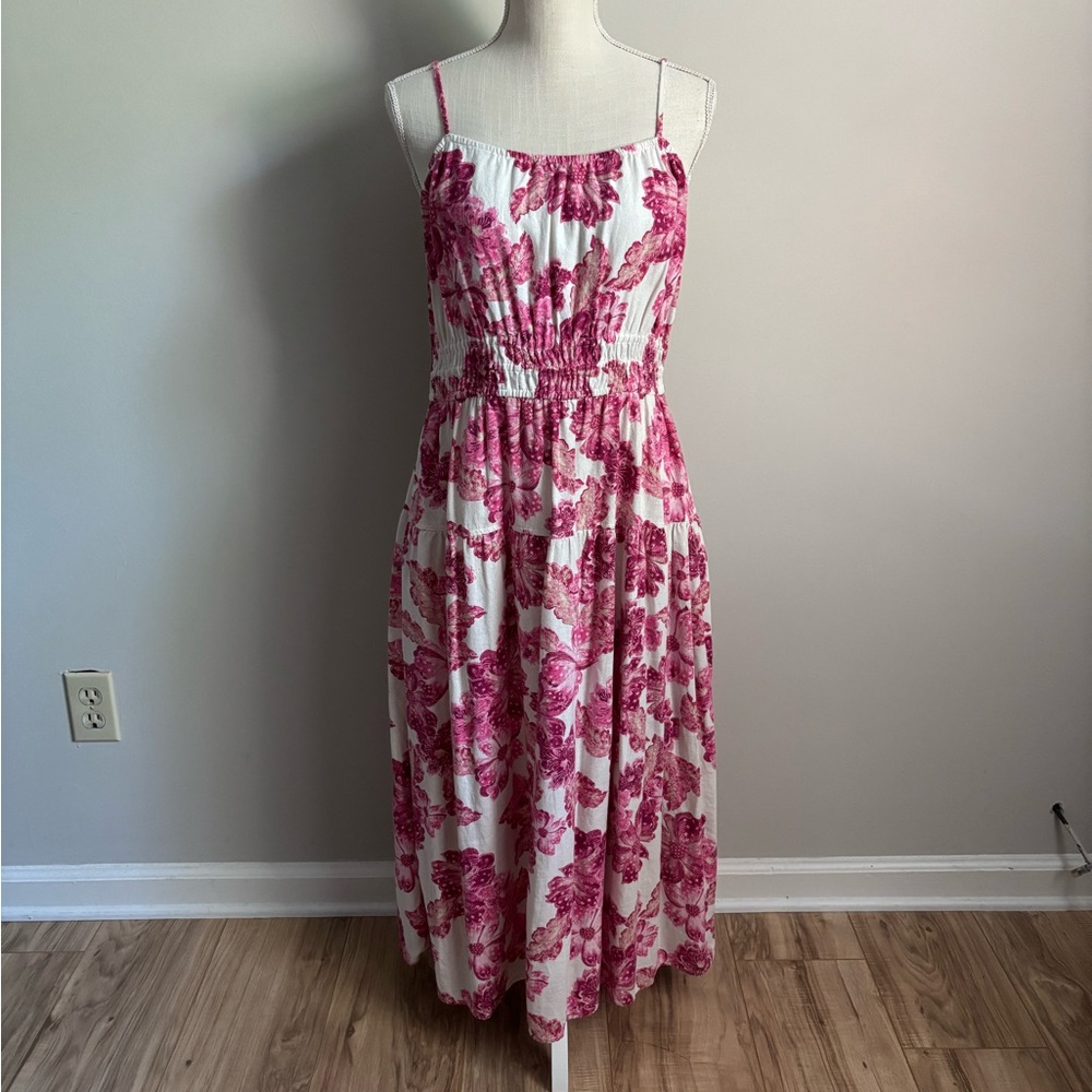 Old Navy White Midi Dress with Pink Floral Print